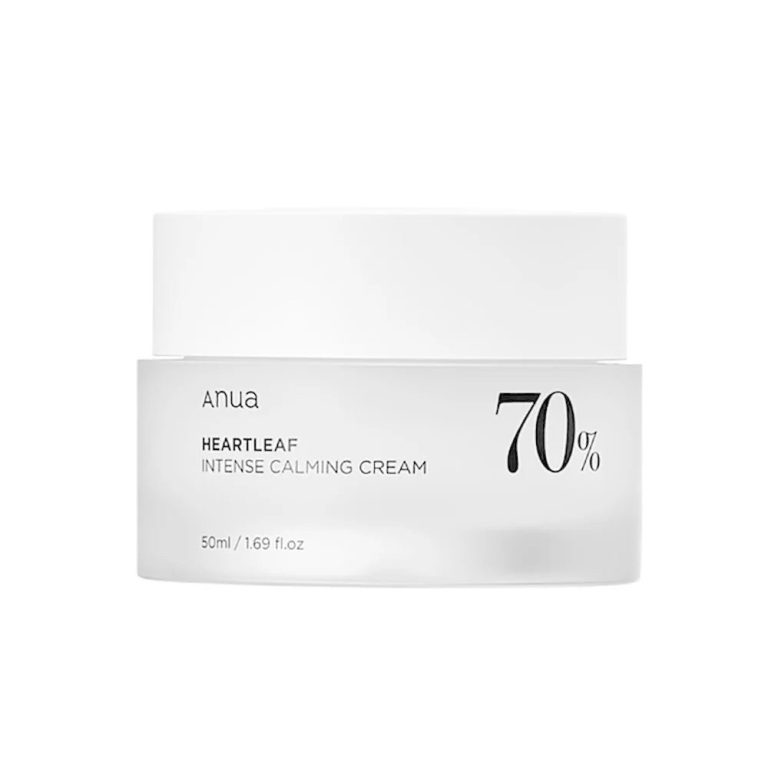 En hvid krukke Anua - Heartleaf 70% Intense Calming Cream 50ml vises mod en almindelig hvid baggrund.