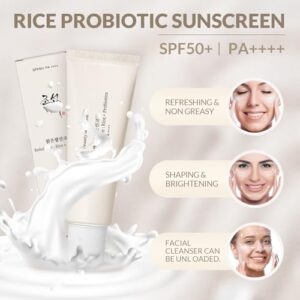 To tuber Beauty Of Joseon - Relief Sun: Rice + Probiotics 50 ml, overhældt med mælk, fremhæver SPF50+ PA++++. Tre runde billeder af smilende kvinder viser solcremens fordele: forfriskende følelse, lysnende effekt og nem rengøring.