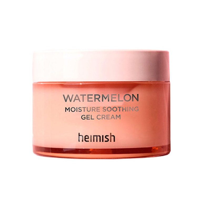 En lyserød 110 ml krukke Heimish - Watermelon Moisture Soothing Gel Cream har et lyserødt låg og produktnavnet i gråt og orange på forsiden.