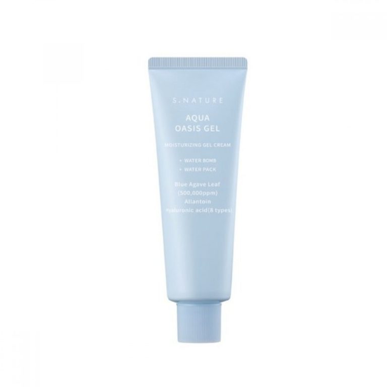 En lyseblå tube S.NATURE - Aqua Oasis Gel Moisturizing Gel Cream 80ml, med blå agaveblade og hyaluronsyre, står oprejst mod en almindelig hvid baggrund.