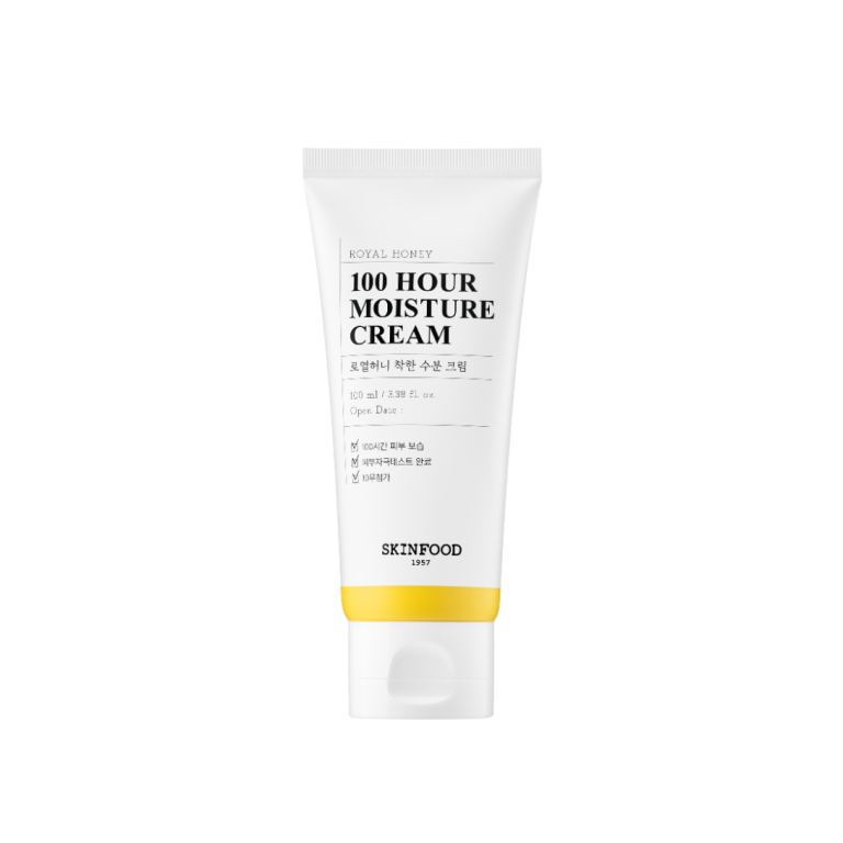 En 100 ml hvid tube Skinfood - Royal Honey Moisture Cream med sort tekst og en gul accent nær bunden står oprejst på en hvid baggrund.