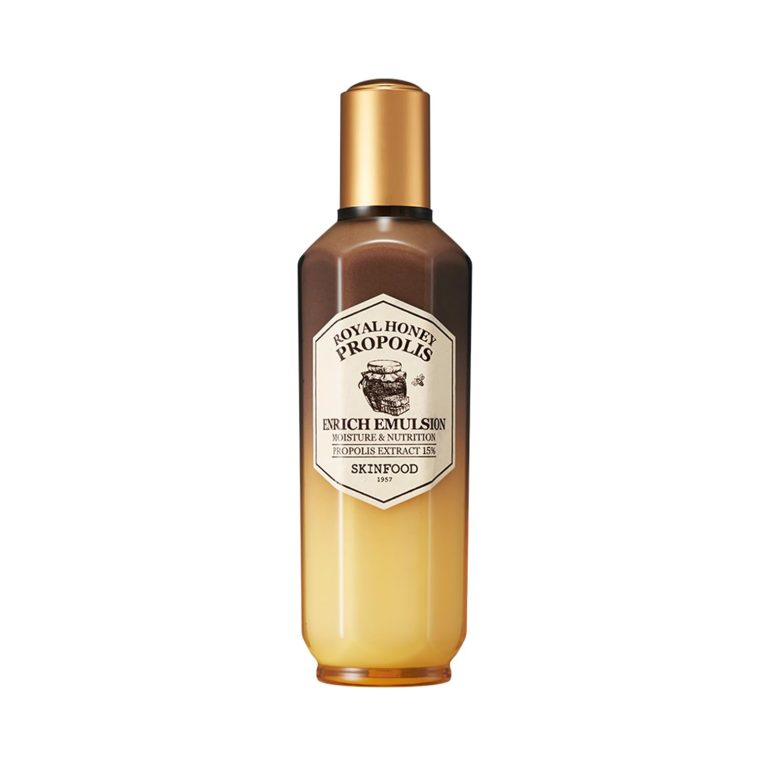En 160 ml flaske Skinfood - Royal Honey Propolis Enrich Emulsion med et gradueret guldbrunt design og detaljeret frontetiket.