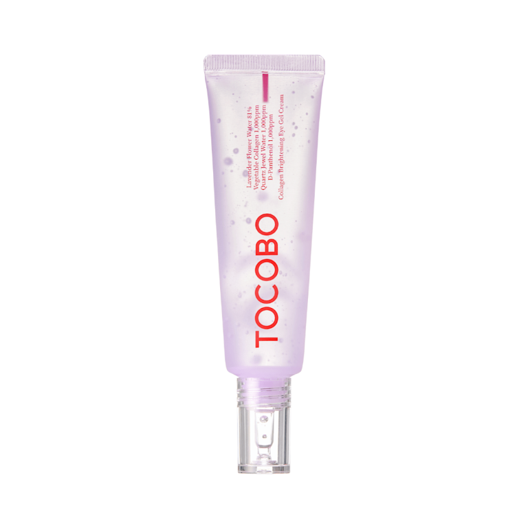 En lavendelfarvet tube med en klar pumpehætte mærket TOCOBO med fed rød farve indeholder Collagen Brightening Eye Gel Cream. Produktet står oprejst på en hvid baggrund.