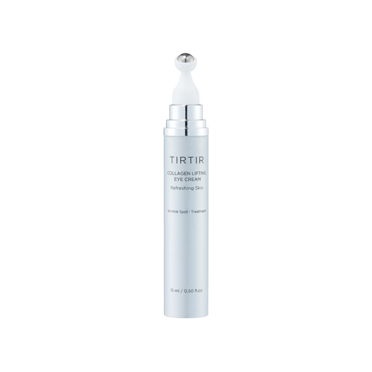 En sølvfarvet, penformet tube TIRTIR - Collagen Lifting Eye Cream 15ml med en metalapplikatorspids står oprejst på en hvid baggrund. Produktnavnet og størrelsen er tydeligt synlige på forsiden af etiketten.