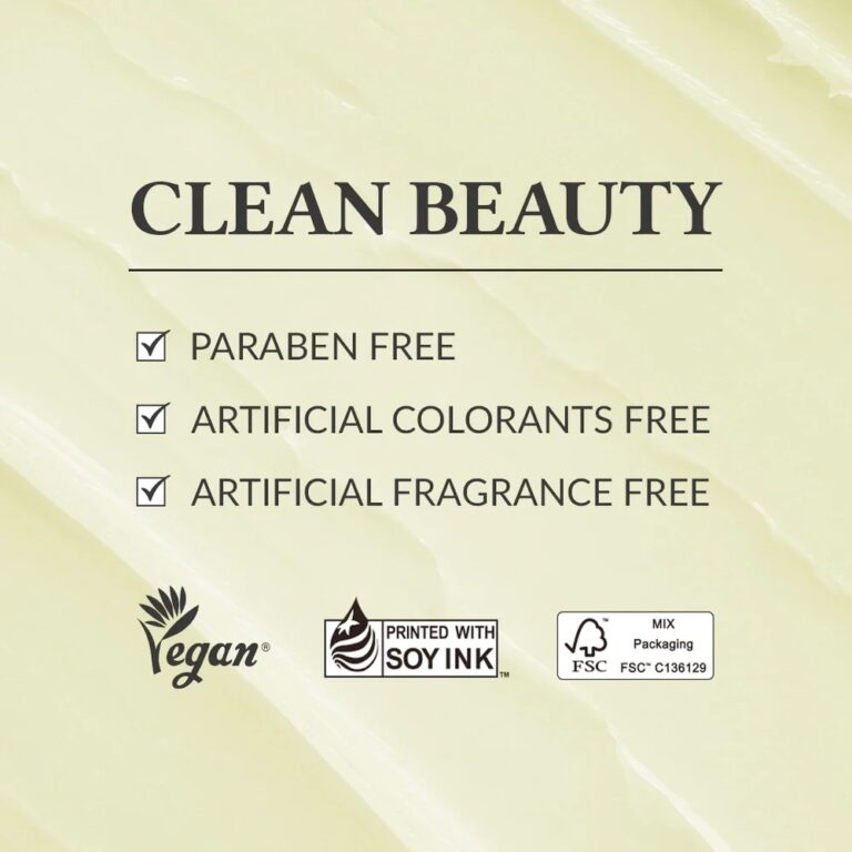 En lysegul grafik viser Clean Beauty-påstande for Dr. Althea - 345 Relief Cream: parabenefri, ingen kunstige farvestoffer eller parfume. De nederste ikoner viser, at den er vegansk, bruger sojablæk og kommer i FSC-certificeret emballage.