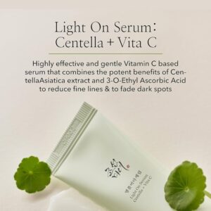 En tube Beauty Of Joseon - Light On Serum Centella + Vita C 30 ml sidder ved siden af to grønne centellablade på en lys overflade, der fremhæver Centella og Vita C for strålende hud, med produktoplysninger synlige over tuben.