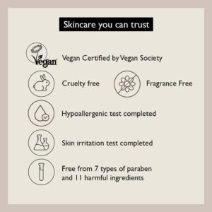 Infografik med titlen "Haruharu Wonder - Black Rice 10 Hyaluronic Cream Unscented 50ml": Seks ikoner med tekst - Vegan Certified by Vegan Society, Cruelty Free, Unscented, Hypoallergenic Tested, Skin Irritation Tested, Free from parabens & harmful ingredients.