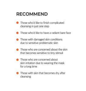 En tekstgrafik med titlen RECOMMEND fremhæver seks grupper, der kan have gavn af Some Bi Mi - Propolis B5 Glow Barrier Calming Oil To Foam 120 ml, herunder dem, der ønsker hurtig rensning, strålende hud eller lindring af følsomhed eller tørhed efter vask.