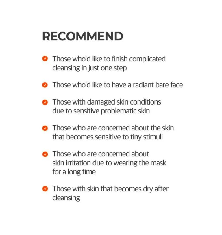 En tekstgrafik med titlen RECOMMEND fremhæver seks grupper, der kan have gavn af Some Bi Mi - Propolis B5 Glow Barrier Calming Oil To Foam 120 ml, herunder dem, der ønsker hurtig rensning, strålende hud eller lindring af følsomhed eller tørhed efter vask.