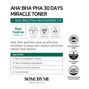 Infographic for Some By Mi - AHA, BHA, PHA 30 Days Miracle Toner med 2 % AHA/BHA/PHA/Niacinamide, ægte tetræ, eksfolierende og poreplejende fordele, ikke-komedogen formel, lav pH-værdi og dobbeltfunktionelle egenskaber.