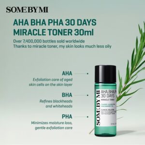 Et reklamebillede for Some By Mi - AHA, BHA, PHA 30 Days Miracle Toner viser produktflasken, en plante og en tekst, der fremhæver de eksfolierende og fugtgivende fordele med AHA, BHA og PHA.