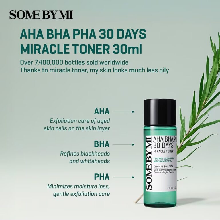 Et reklamebillede for Some By Mi - AHA, BHA, PHA 30 Days Miracle Toner viser produktflasken, en plante og en tekst, der fremhæver de eksfolierende og fugtgivende fordele med AHA, BHA og PHA.