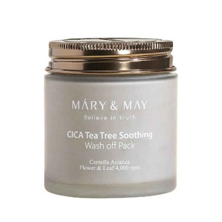 En frostet glaskrukke med metallåg mærket Mary&May - Cica Teatree Soothing Wash Off Pack 125 g, hvor der står Centella Asiatica Flower & Leaf 4.000 ppm på forsiden.