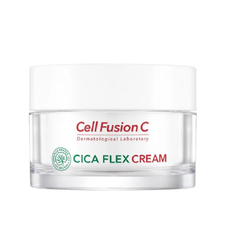 En klar krukke med Cell Fusion C - Cica Flex Cream med hvidt låg, en etiket med rød og grøn tekst og Cell Fusion C's dermatologiske laboratoriesegl.