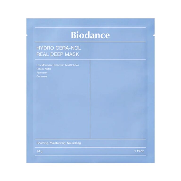 En lyseblå pakke med Biodance - Hydro Cera-nol Real Deep Mask giver beroligende, fugtgivende og nærende fordele. Ingrediensoplysningerne står på forsiden. Nettovægt: 34 g (1,19 oz).
