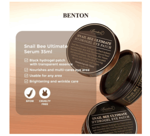 Åbn beholderen med BENTON - Snail Bee Ultimate Hydrogel Eye Patch 1,1 g med mørke hydrogel-plaster indeni. Funktioner: nærende serum, multipleje, lysnende, BPOM-certificeret og cruelty-free.