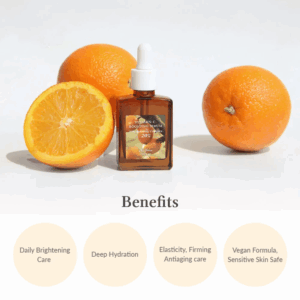 En flaske Dr. Althea - Vitamin C Boosting Serum 30 ml med pipette ligger mellem en halveret appelsin og to hele appelsiner; nedenfor viste fordele er lysnende, hydrerende, elasticitet og en vegansk formel.