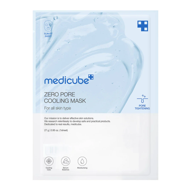 En hvid og blå pakke mærket Medicube - Zero Pore Cooling Mask 27g har ikoner og tekst, der fremhæver fordele såsom poreopstramning, essensinfusion og fugtighedscreme. Emballagen viser et diskret billede af en poremaske.