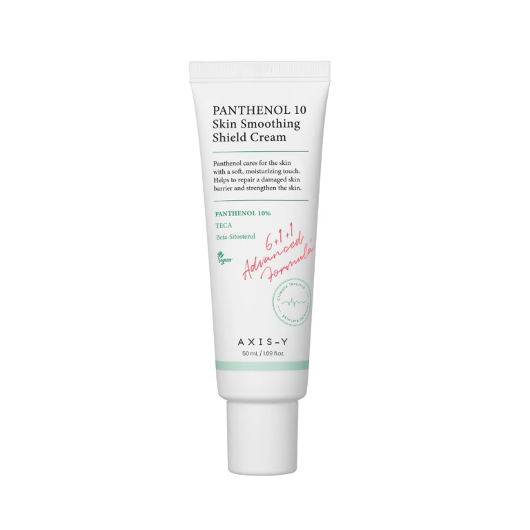 En hvid tube AXIS-Y - Panthenol 10 Skin Smoothing Shield Cream 50 ml med grøn og pink tekst, produktoplysninger og en håndskrevet "6+1+1 Advanced Formula"-note. Ideel til blid udglatning af huden.