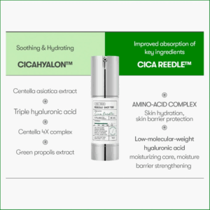 Produktbillede af VT - Reedle Shot 700 hudplejeserumflaske, der fremhæver vigtige ingredienser som Centella, hyaluronsyre og grøn propolis, med fordele som beroligende, fugtgivende og forbedret absorption.
