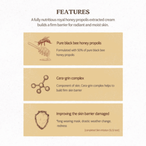 En infografik med titlen FUNKTIONER viser tre fordele ved Skinfood - Royal Honey Propolis Enrich Barrier Cream 63ml: indeholder 50% ren sort bipropolis, cera-grin-kompleks for stærkere hud og hjælper med at reparere beskadigede hudbarrierer.
