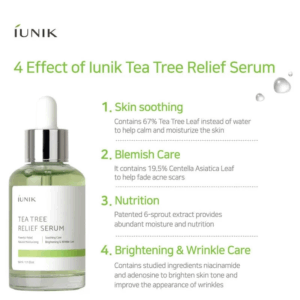 Billedet viser en 50 ml flaske iUNIK - Tea Tree Relief Serum med pipette. Teksten fremhæver beroligende ingredienser, pleje af urenheder, næring, lysnende ingredienser, rynkepleje samt ingrediensoplysninger og hudfordele.
