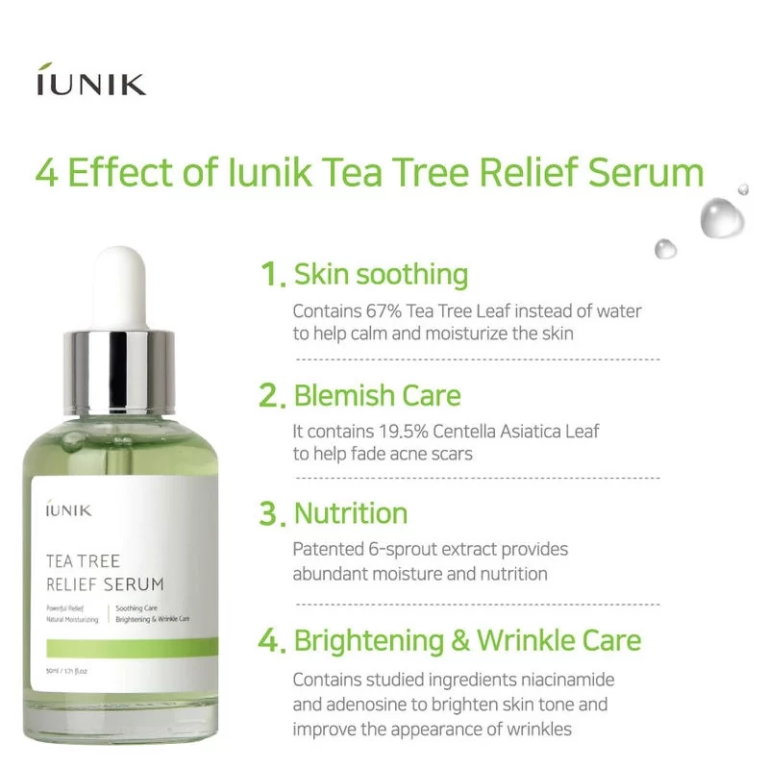 Billedet viser en 50 ml flaske iUNIK - Tea Tree Relief Serum med pipette. Teksten fremhæver beroligende ingredienser, pleje af urenheder, næring, lysnende ingredienser, rynkepleje samt ingrediensoplysninger og hudfordele.