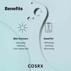 Lyseblå abstrakt baggrund med dråber. Teksten viser Cosrx - Hydrium Watery Toner 150ml fordele: hjælper med dehydrering, rødme, overophedet hud; ideel til opfriskning, lindring og genopretning. Cosrx-logo i bunden.