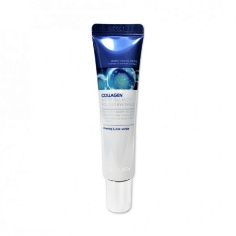 En tube Farm Stay - Collagen Water Full Moist Rolling Eye Serum 25ml med en blå hætte og hvid krop, med produktetikettering og en molekylær grafik nær toppen.