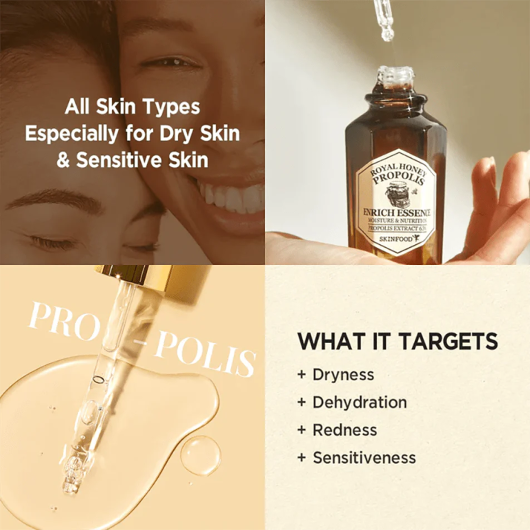 En collage med Skinfood - Royal Honey Propolis Enrich Essence 50ml til alle hudtyper, især tør og sensitiv. Smilende ansigter, en pipette med serum og flasken fremhæver bekymringer som tørhed, dehydrering, rødme og sensitivitet.
