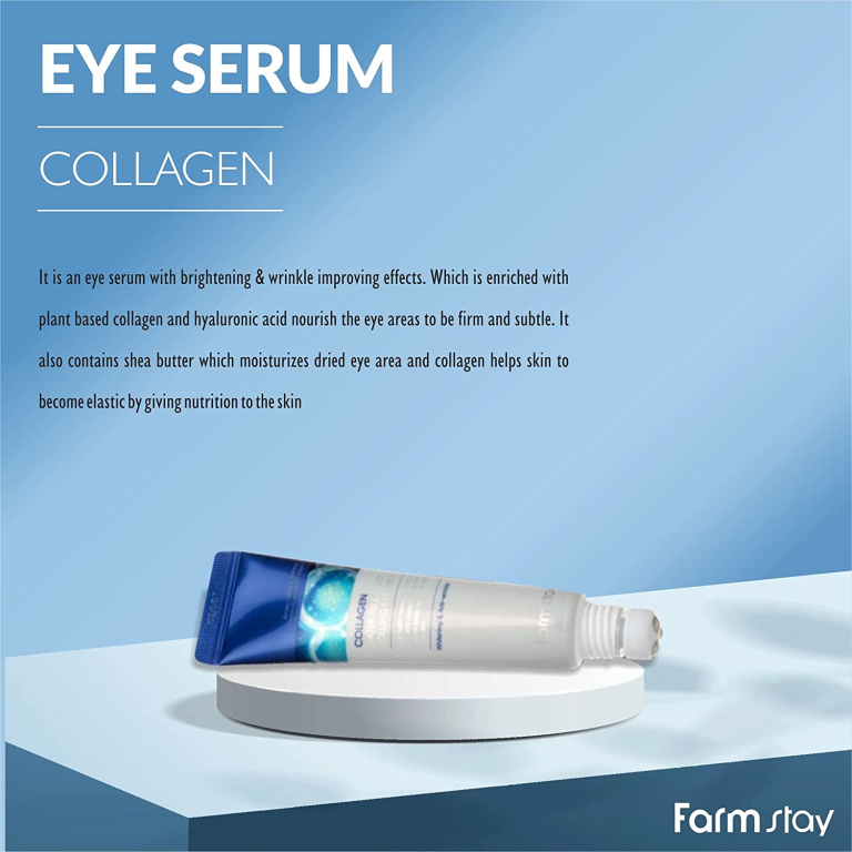 En tube Farm Stay - Collagen Water Full Moist Rolling Eye Serum 25ml sidder på en hvid rund platform med en blå baggrund. Teksten fremhæver dens lysnende, rynke-reducerende og nærende virkninger på øjenområdet.
