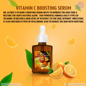 En flaske Dr. Althea - Vitamin C Boosting Serum 30ml med pipette vises blandt friske appelsinskiver og grønne blade på en gul baggrund, der fremhæver hudfordele som hyaluronsyre og flere vitaminer.