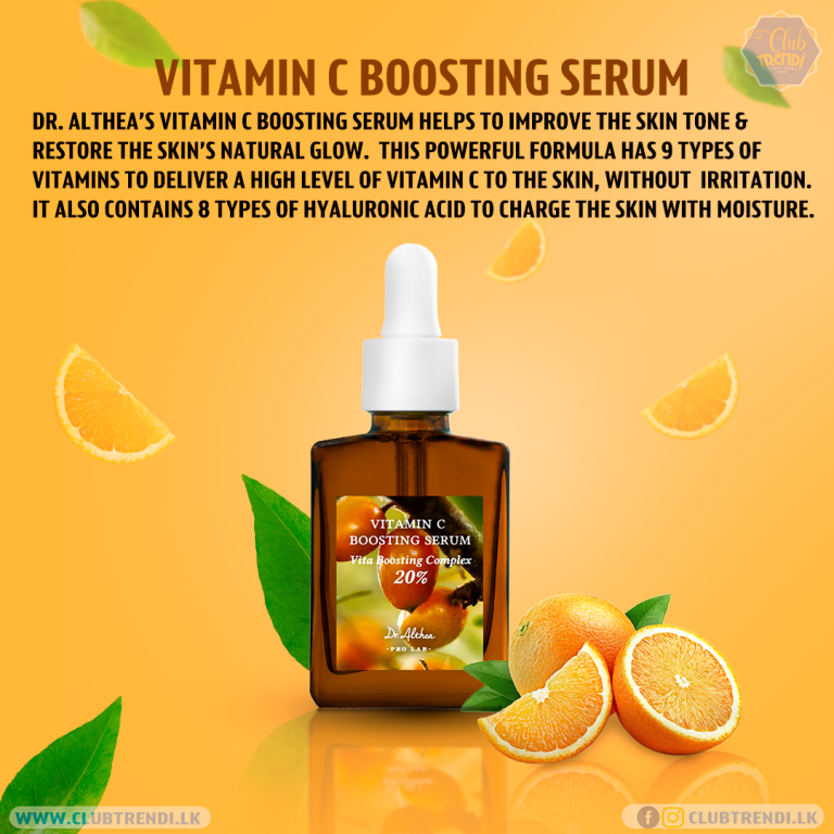 En flaske Dr. Althea - Vitamin C Boosting Serum 30ml med pipette vises blandt friske appelsinskiver og grønne blade på en gul baggrund, der fremhæver hudfordele som hyaluronsyre og flere vitaminer.