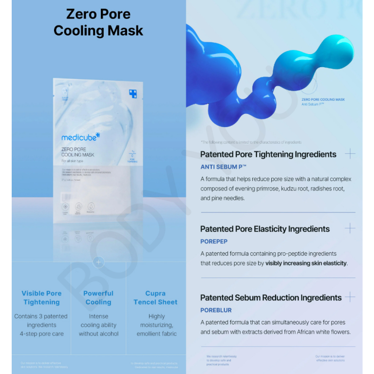 En infografik for Medicube - Zero Pore Cooling Mask 27g viser maskens emballage, blå abstrakte bobler og tekst, der fremhæver poreopstramning, hydrering, forbedret hudelasticitet og nøgleingredienser.