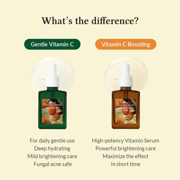 To C-vitamin serummer sammenlignes. Dr. Althea - Vitamin C Boosting Serum 30ml til venstre er fugtgivende, mild og sikker mod svampeinfektioner i akne. Til højre ses et kraftfuldt serum, der tilbyder en højpotent lysnende effekt med hurtige resultater.