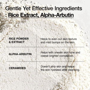 Et nærbillede af fint hvidt pulver med tekst, der fremhæver risenzym, alfa-arbutin og ceramider for skånsomme, lysnende og fugtgivende effekter i Anua - Rice Enzyme Brightening Cleansing Powder 40g.