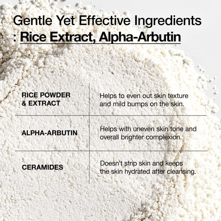 Et nærbillede af fint hvidt pulver med tekst, der fremhæver risenzym, alfa-arbutin og ceramider for skånsomme, lysnende og fugtgivende effekter i Anua - Rice Enzyme Brightening Cleansing Powder 40g.