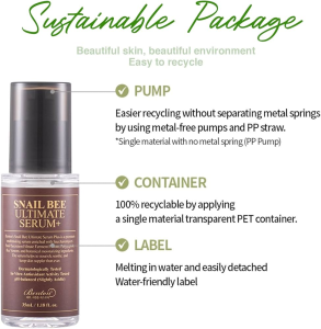 En grafik illustrerer den miljøvenlige emballage til BENTON - Snail Bee Ultimate Serum+ 35ml, med en letgenbrugspumpe, en 100% genanvendelig beholder og en vandopløselig, aftagelig etiket til bæredygtig hudpleje.