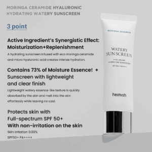 En tube Heimish - Moringa Ceramide Hyaluronic Acid Hydrating Watery Sunscreen 50ml står oprejst på en grå baggrund med tekst, der fremhæver dens lette, SPF 50+, fugtgivende formel med ikke-irriterende Moringa Ceramid og hyaluronsyre.