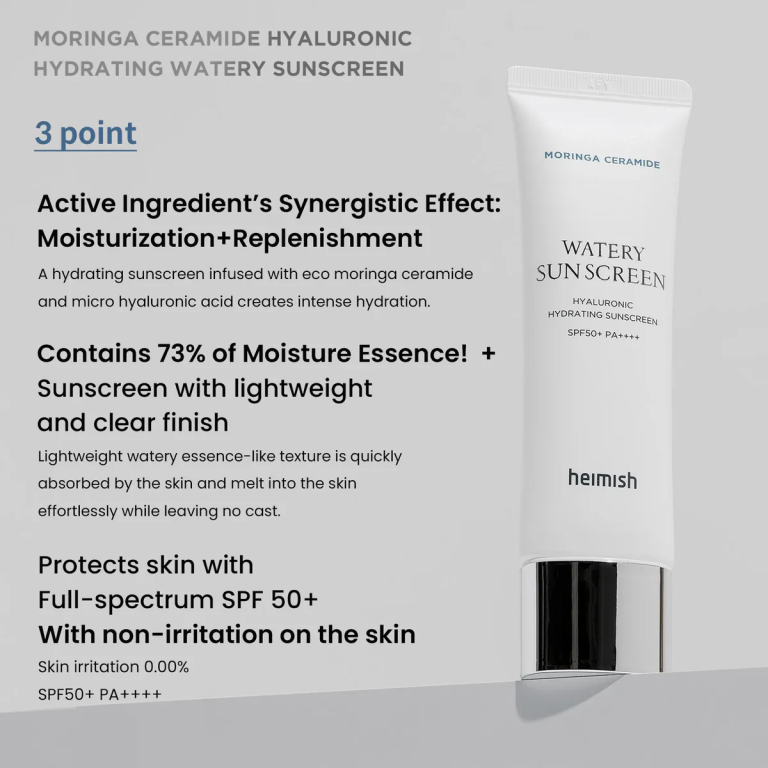En tube Heimish - Moringa Ceramide Hyaluronic Acid Hydrating Watery Sunscreen 50ml står oprejst på en grå baggrund med tekst, der fremhæver dens lette, SPF 50+, fugtgivende formel med ikke-irriterende Moringa Ceramid og hyaluronsyre.