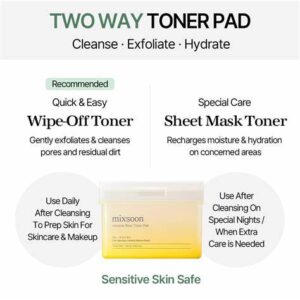 Infografik for MIXSOON - Bean Toner Pad viser dens dobbelte anvendelse: aftørrende toner til at rense porer eller sheetmaske for fugt. Sikker til følsom hud. Indeholder produktbillede og plejeinstruktioner.