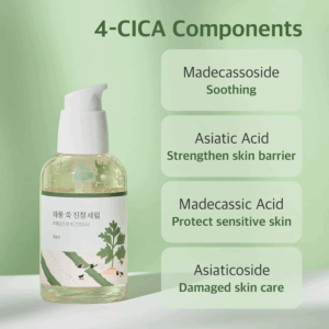 A Round Lab - Bynkeberoligende Serum 50 ml flaske med et grønt bladdesign står på grønt og indeholder 4-CICA: Madecassoside (lindrer), asiatisk syre (styrker barrieren), madecassinsyre (beskytter), asiaticoside (reparerer).
