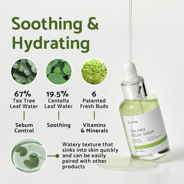IUNIK - Tea Tree Relief Serum 50ml leveres i en flaske med en pipette og indeholder 67% tea tree-vand, 19,5% centella-vand og 6 friske knopper, der giver beroligende, fugtgivende og talgkontrolerende fordele med en vandig tekstur.