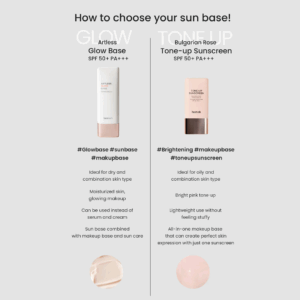 Sammenligningstabel med to solcremer: Artless Glow Base (SPF50+, glødende finish, makeupbase) og Heimish Bulgarian Rose Tone-Up Sunscreen 30ml SPF50+ PA+++ (lyserød tone, lysnende, let).