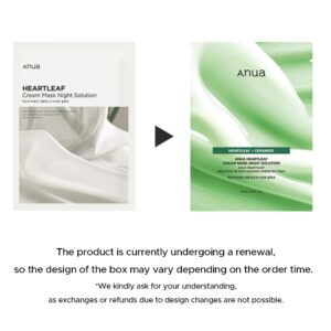 Emballagen til Anua - Heartleaf Cream Sheet Mask Night Solution er ved at blive opdateret. Du kan modtage enten det gamle hvide eller det nye grønne design med din ordre.