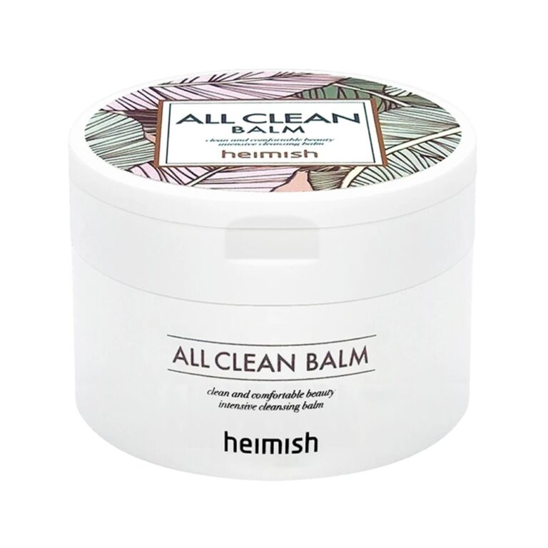 En hvid, rund Heimish - All Clean Balm-beholder med et pastelfarvet bladmønstret låg og produktnavnet på forsiden.