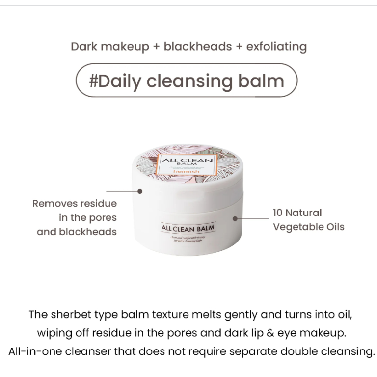 En hvid bøtte Heimish - All Clean Balm 120 ml vises frem, der fremhæver dens daglige rensning, fordele ved fjernelse af hudorme og porer, formel med 10 naturlige olier, og at den ikke kræver dobbelt rensning.