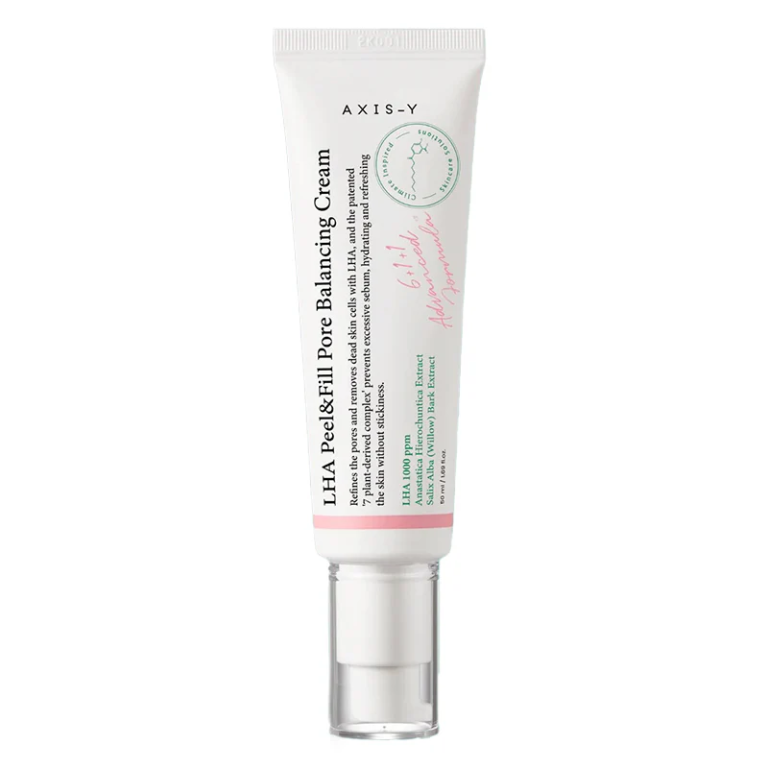 En hvid 50 ml tube AXIS-Y - LHA Peel&Fill Pore Balancing Cream med pumpe, dekoreret med sort, grøn og lyserød tekst samt et LHA Peel-formeldiagram på forsiden.