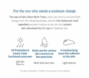 Infografik med Round Lab - Birch Juice Moisturizing Sun Stick 19g: SPF 50+ PA++++ UV-beskyttelse, multifunktionel pleje til hudproblemer og hydrering med birkesaft og hyaluronsyre for en sundere og strålende hud.