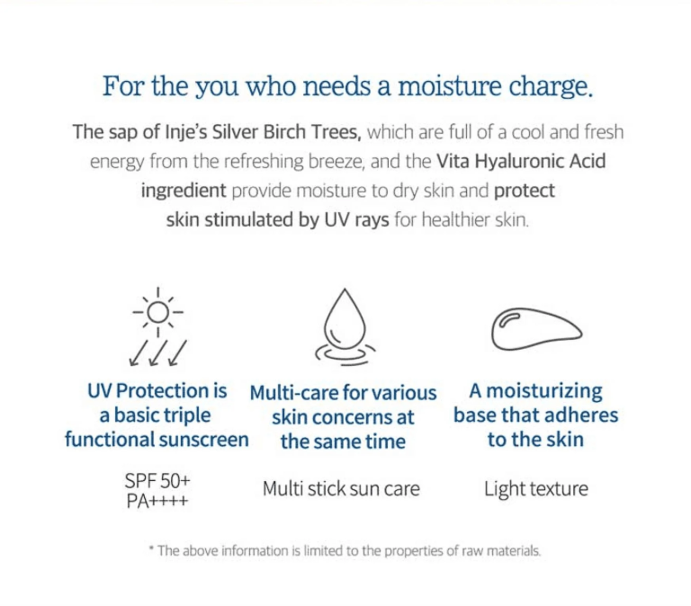 Infografik med Round Lab - Birch Juice Moisturizing Sun Stick 19g: SPF 50+ PA++++ UV-beskyttelse, multifunktionel pleje til hudproblemer og hydrering med birkesaft og hyaluronsyre for en sundere og strålende hud.